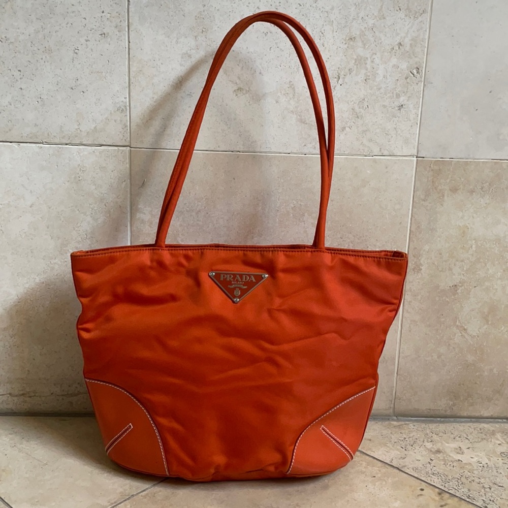 Prada orange vintage nylon bag with leather trim